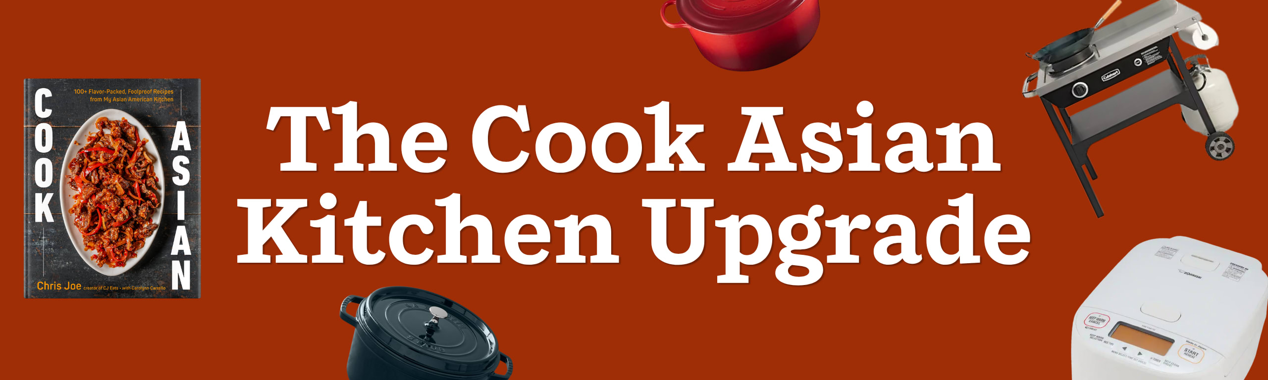 Cook Asian banner with various kitchen items