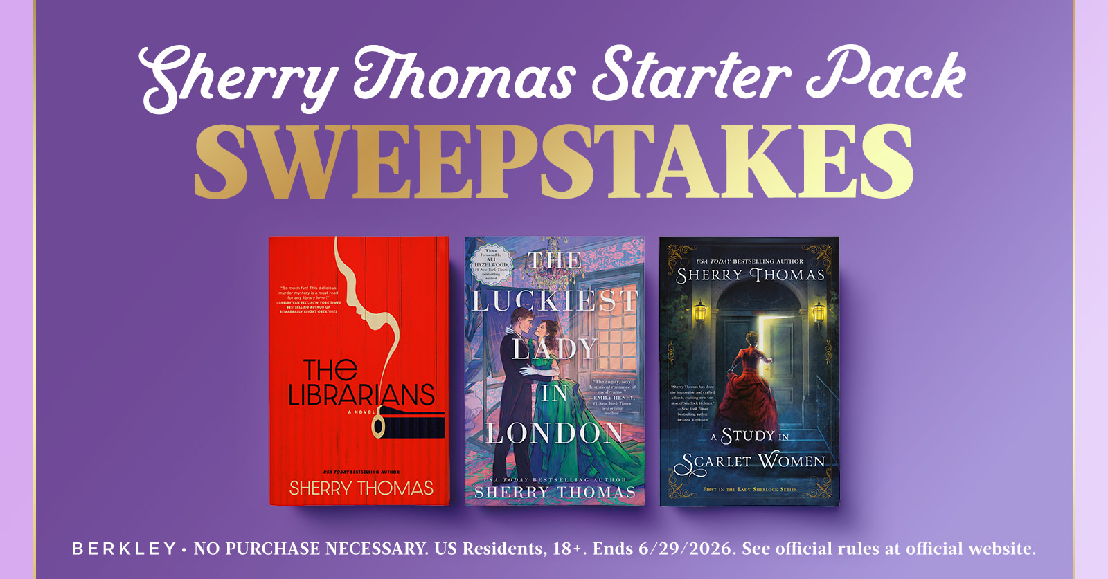 A designed graphic with a purple background and the cover images for three Sherry Thomas novel in the foreground.