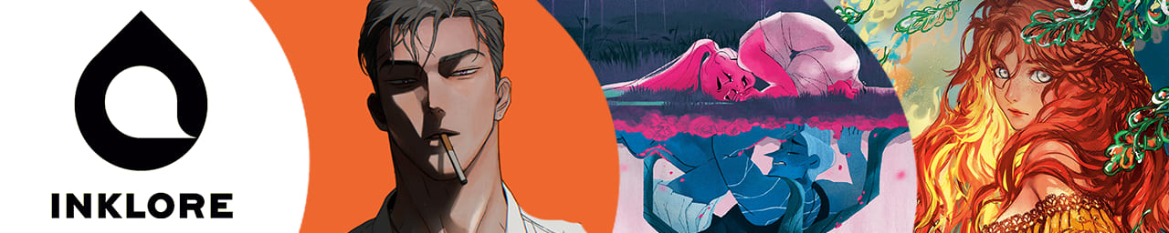 Inklore homepage banner featuring art from Wet Sand, Lore Olympus, and Under the Oak Tree