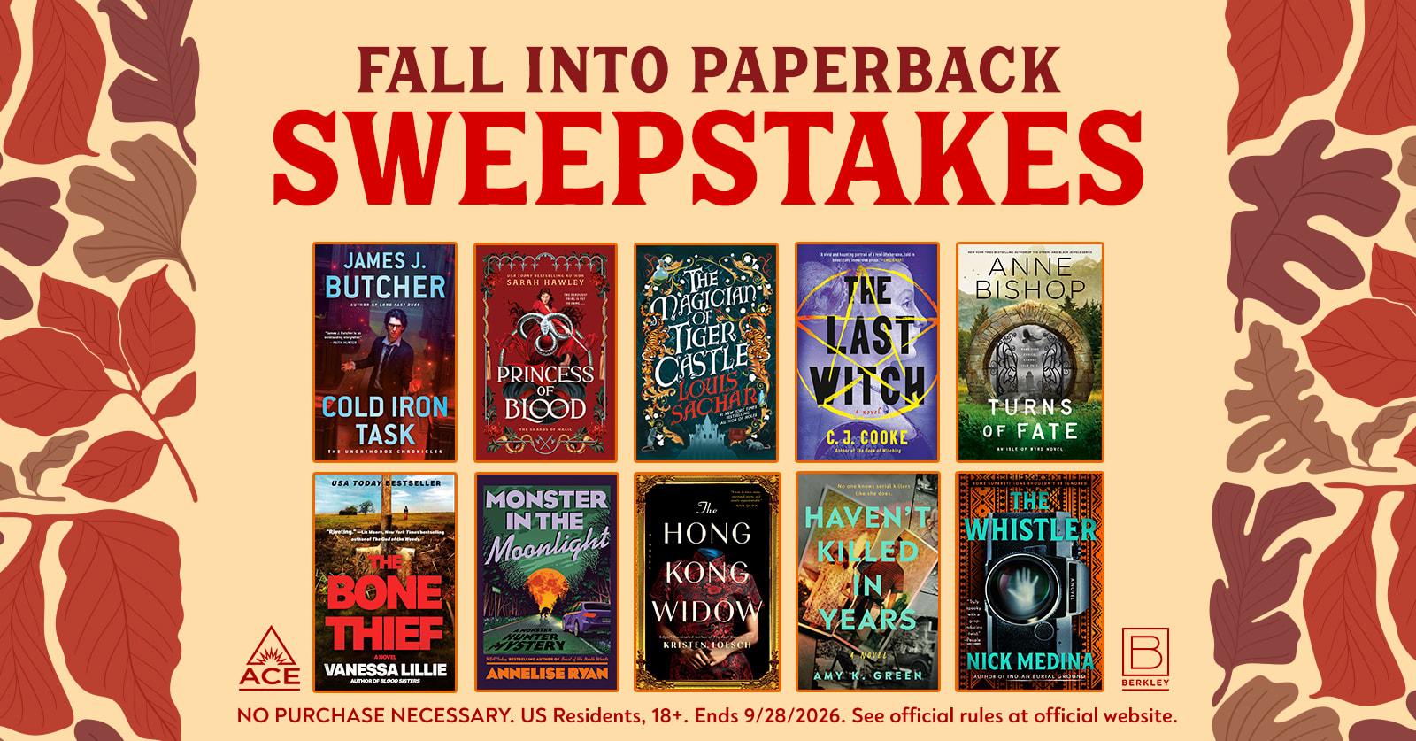10 book covers on a light orange background with two columns with various brown leaves