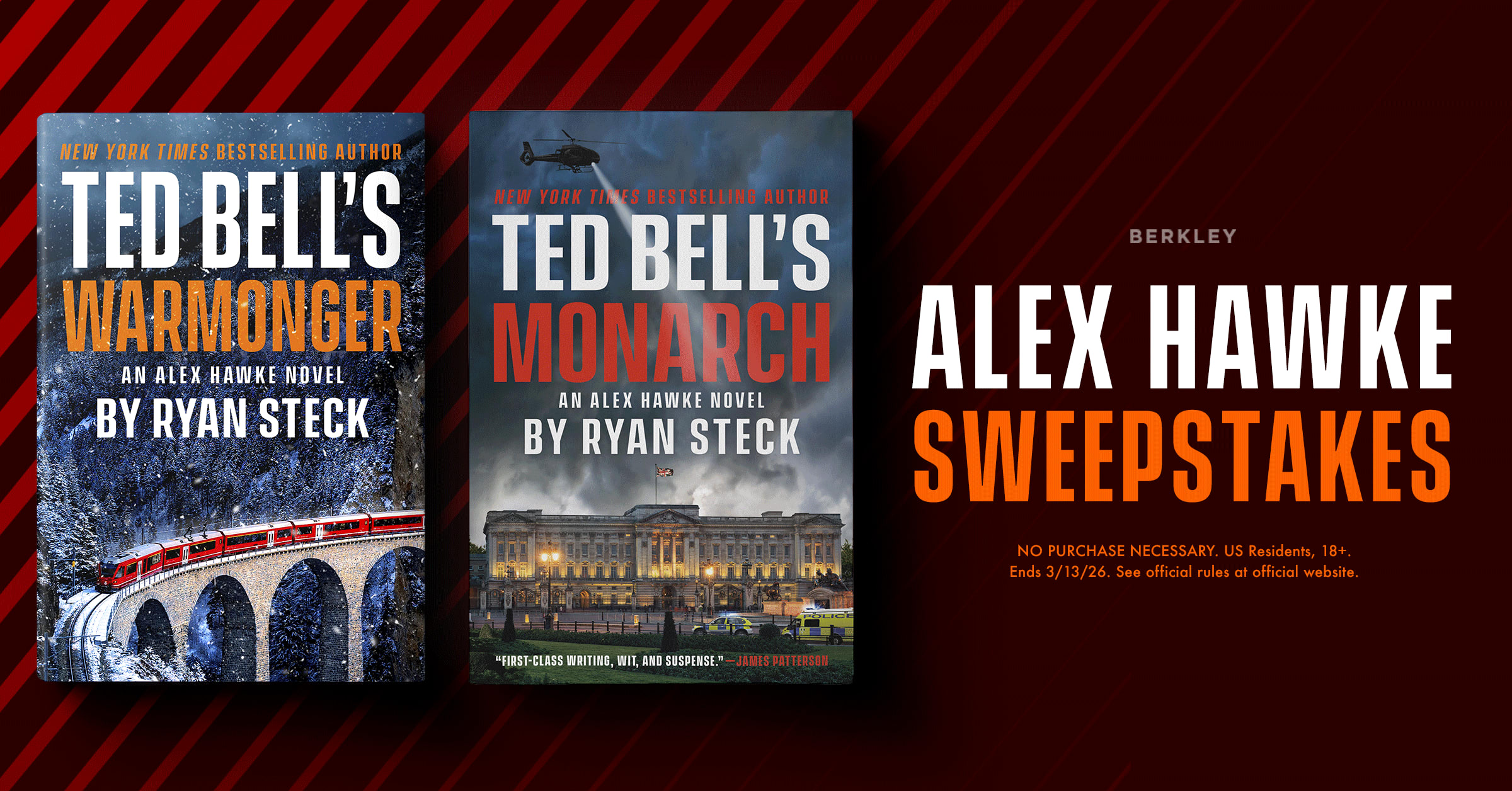 A designed graphic with a dark red background the cover images for Ryan Steck's Alex Hawke novels in the foreground