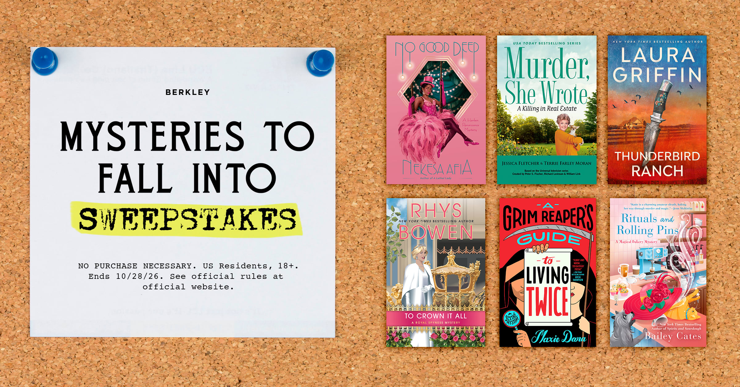 Six book covers on a corkboard background