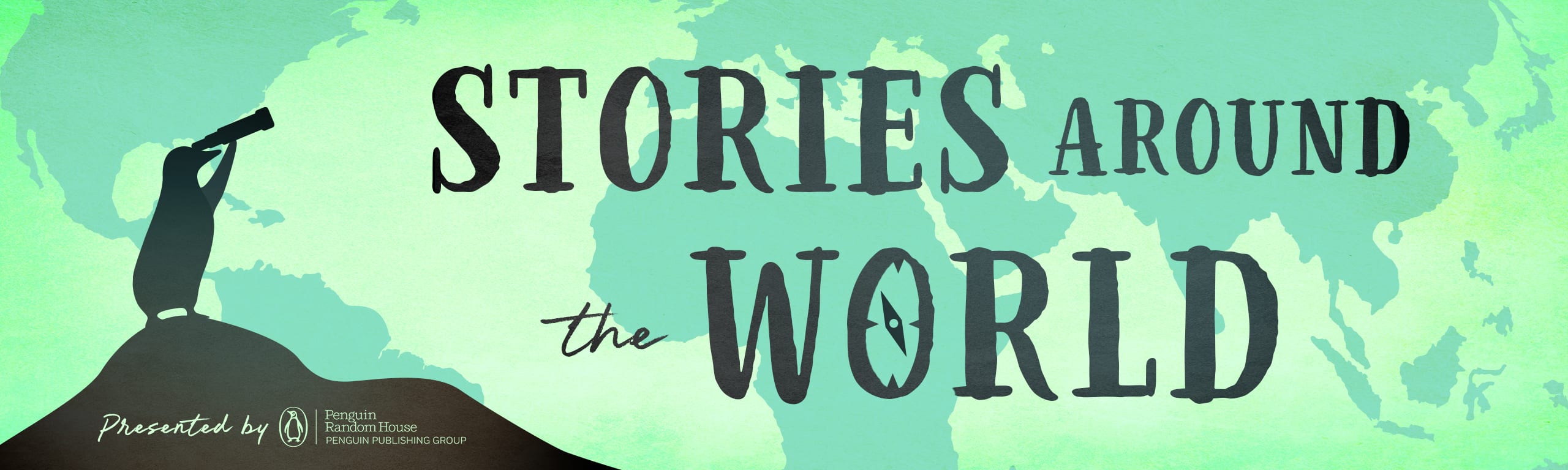 A penguin looking through a telescope at a map of the world and the words Stories Around the World