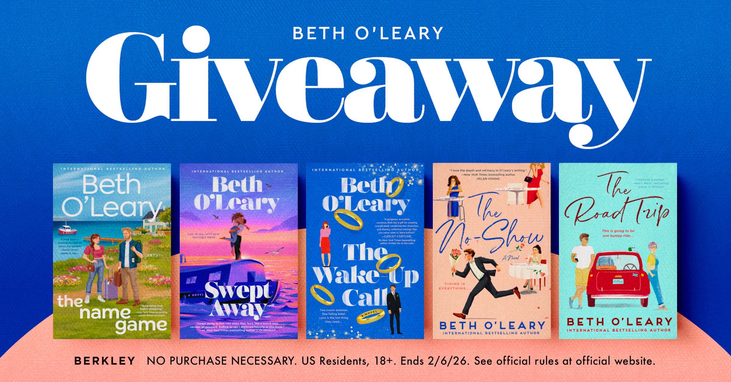 A designed graphic with a blue and pink background and the cover images for Beth O'Leary's five Berkley romances in the foreground.