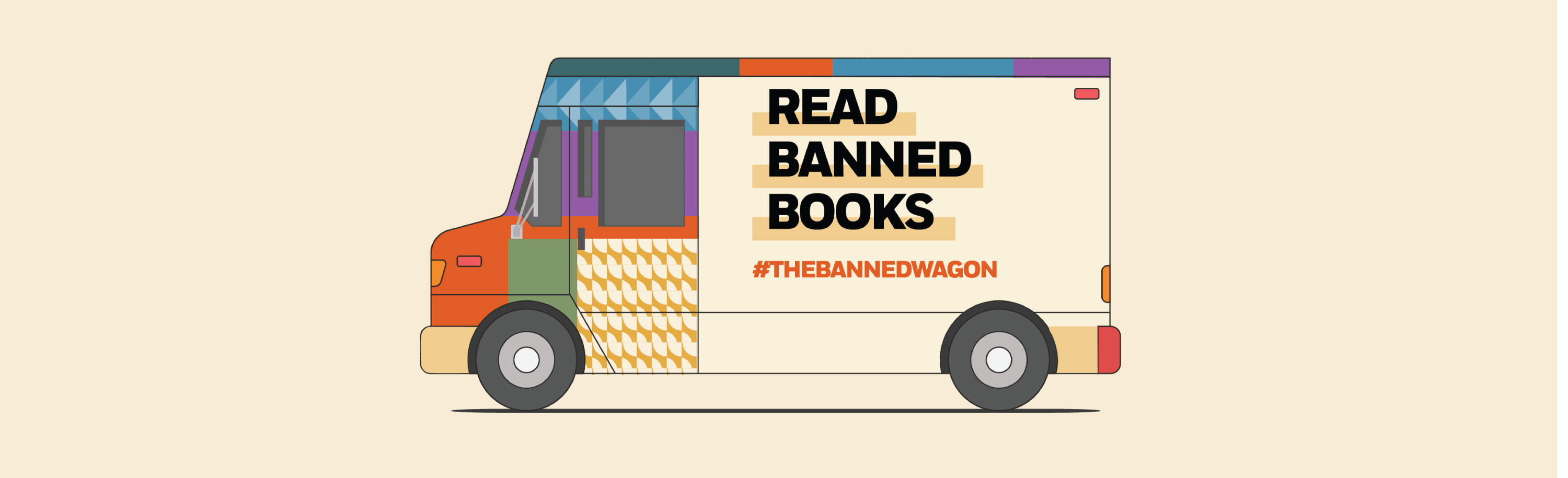 Truck with a flashy design that reads &#34;READ BANNED BOOKS #THEBANNEDWAGON&#34;