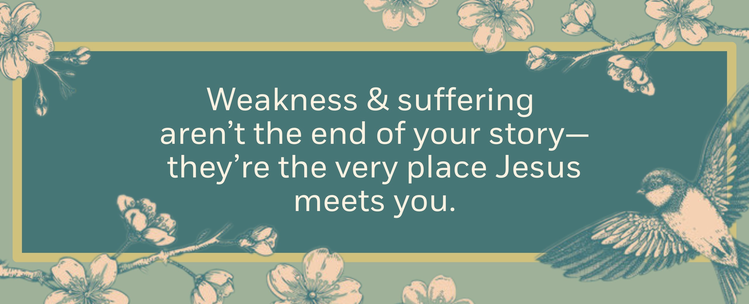 Web page header featuring the text, weakness isn't the end of your story, it's the very place Jesus meets you.