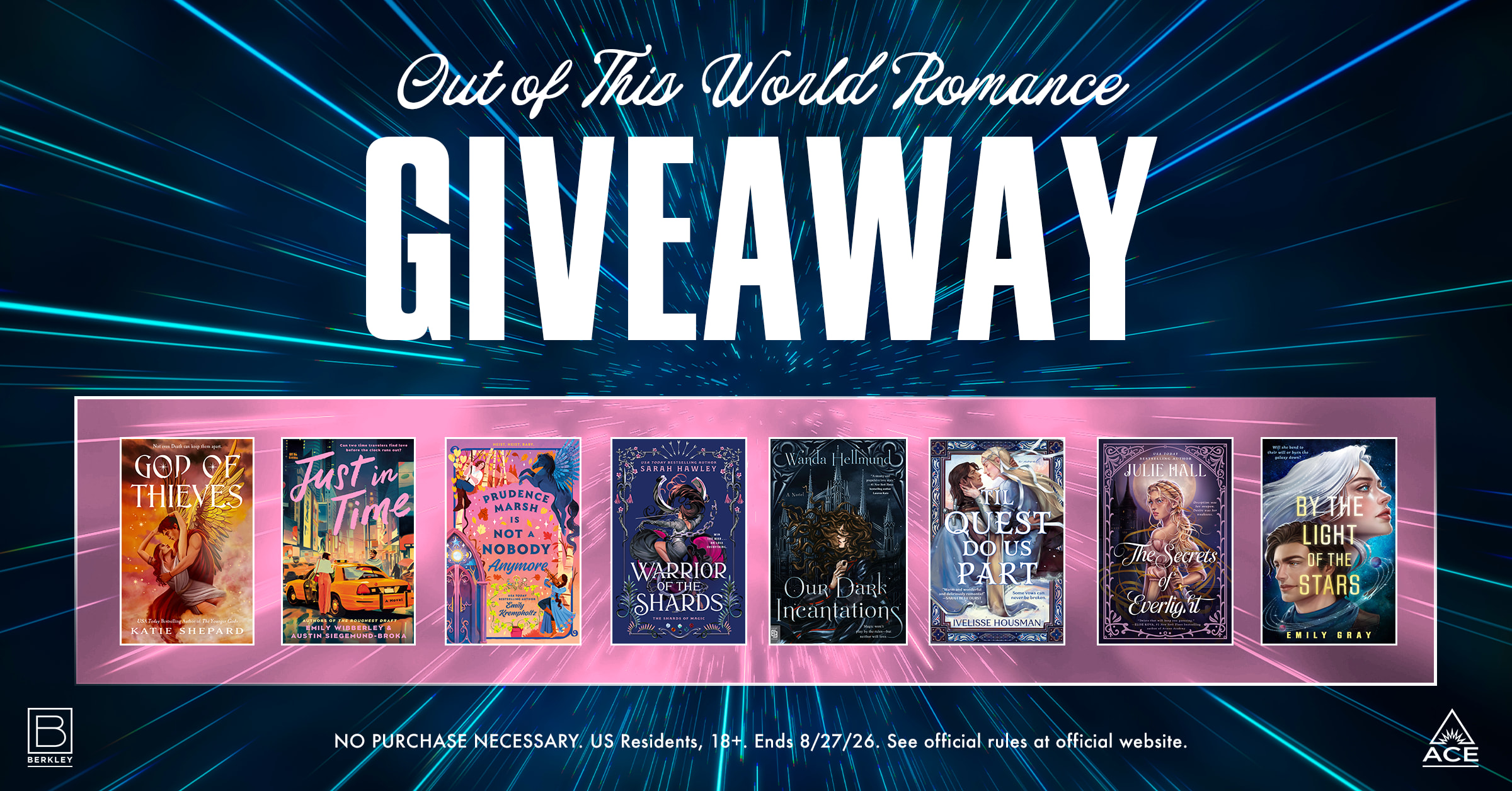 Eight book covers on a dark blue hyperspace background