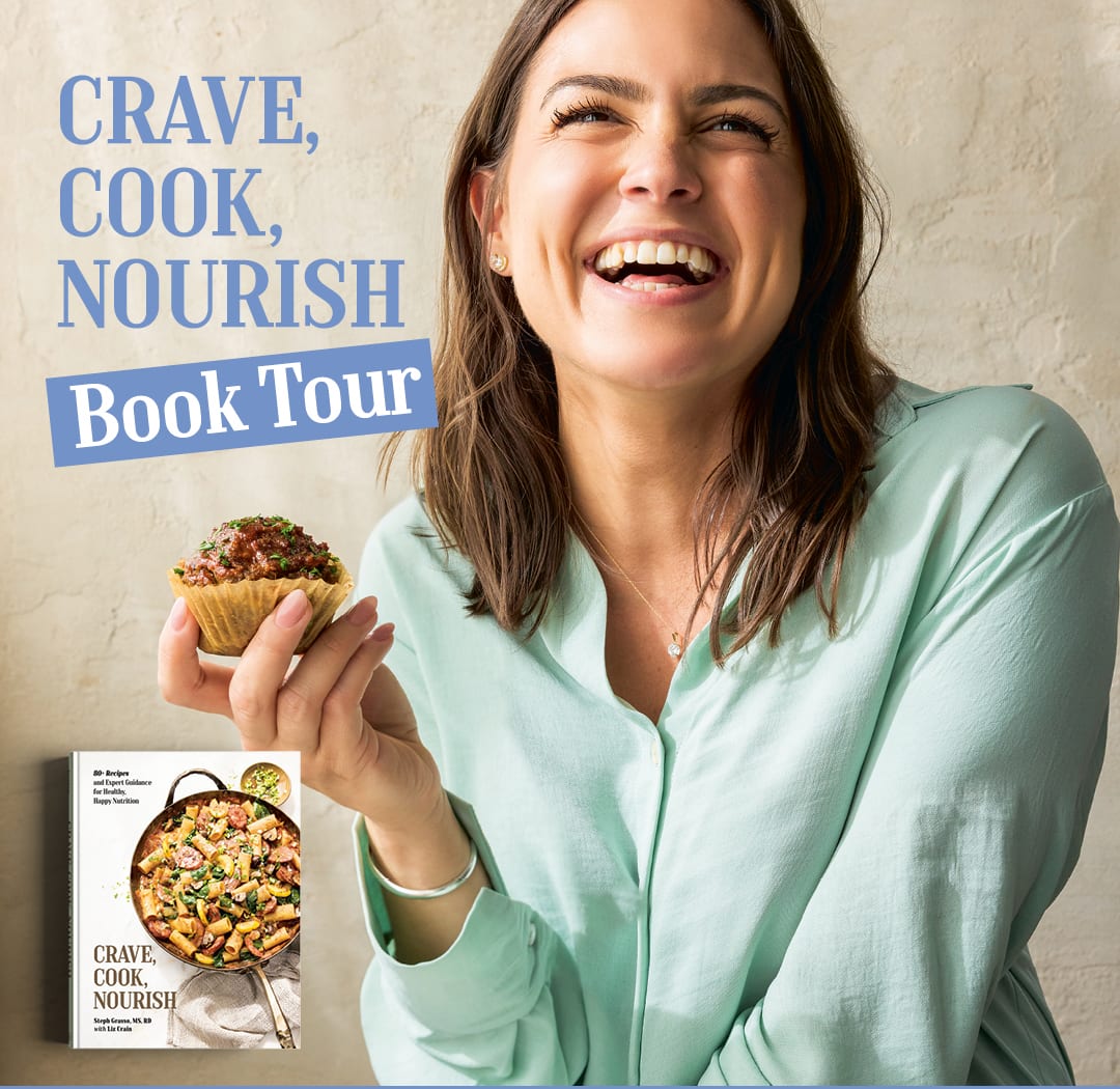 Crave, Cook, Nourish book tour header with author smiling