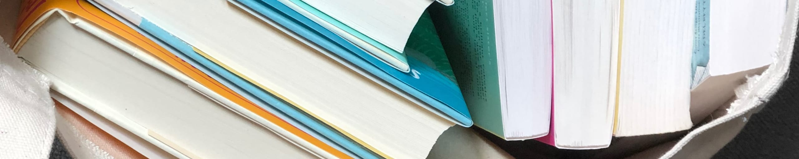 stack of books in a tote bag