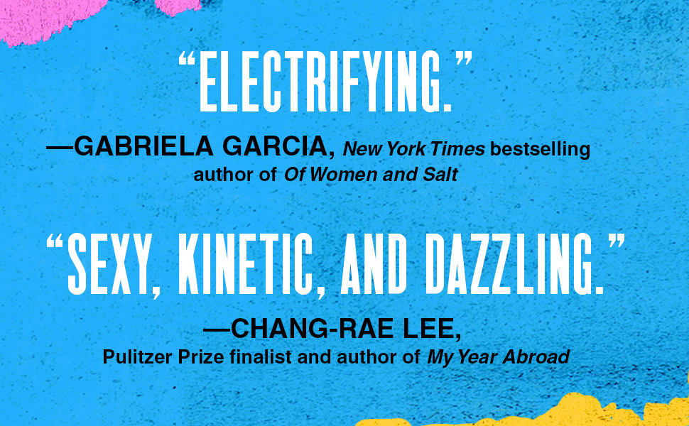 Blue banner with quotes from authors Gabriela Garcia and Chang-Rae Lee
