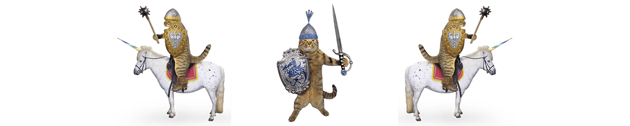 Three cats dressed as knights, riding unicorns