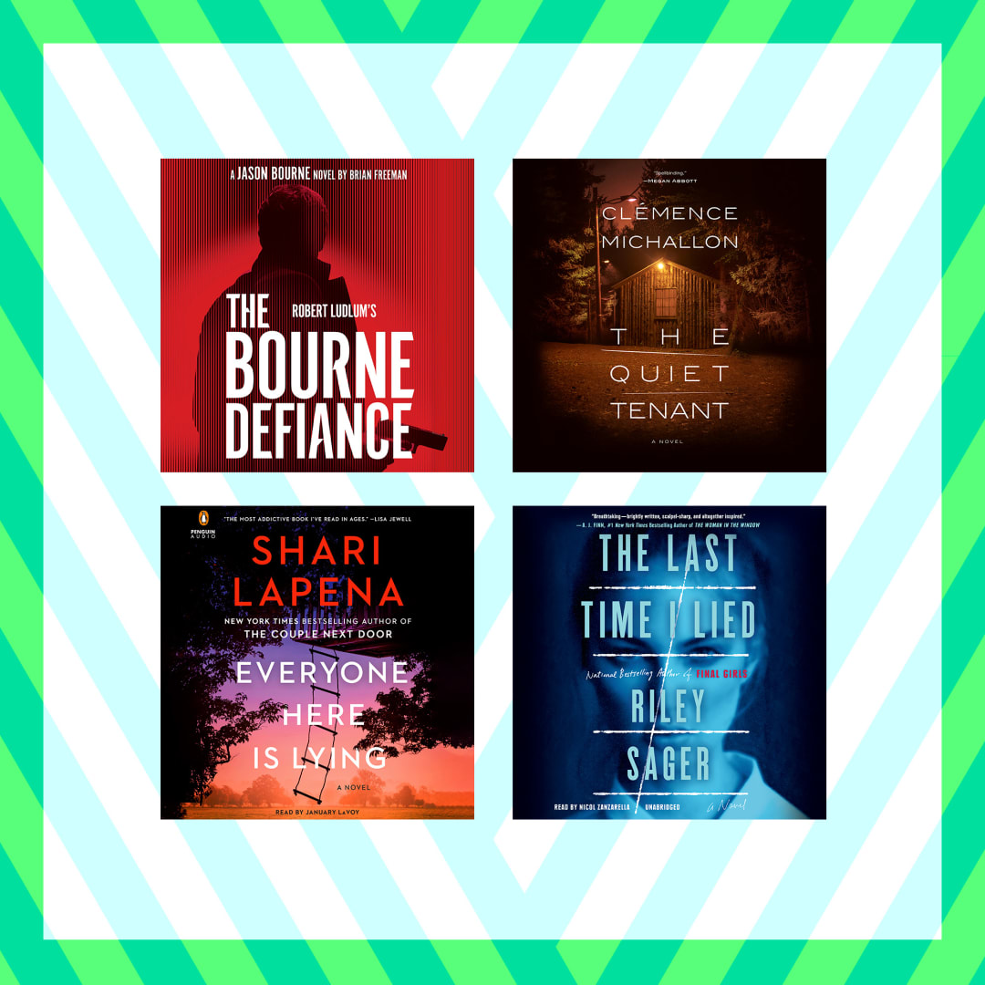 Green gradient background with five audiobook covers