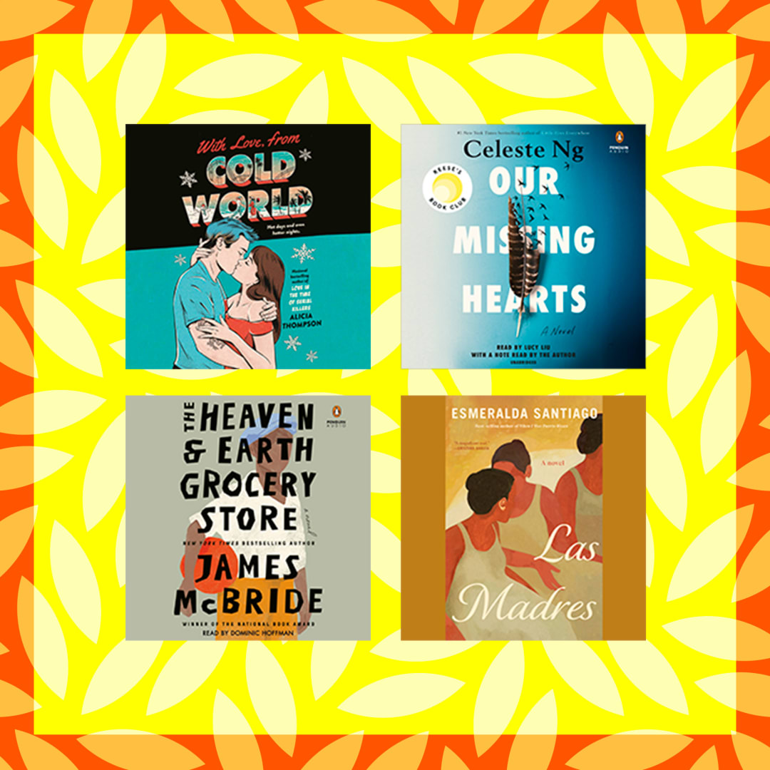 Four audiobook covers set against a yellow and orange patterned background