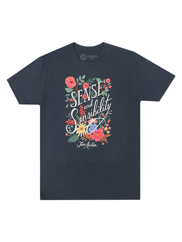 A t-shirt with Sense & Sensibility written on it against a pretty floral image