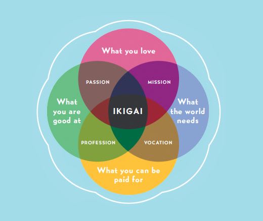 Multi-color venn diagram showing how your ikigai sits at the intersection of what you love, what the world needs, what you can be paid for, and what you are good at