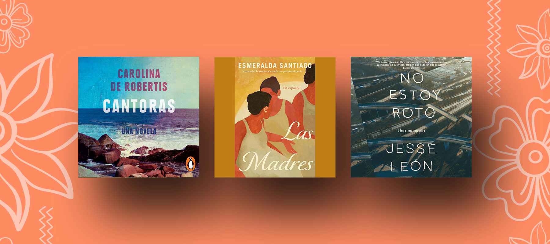 Three audiobook covers on a an abstract background