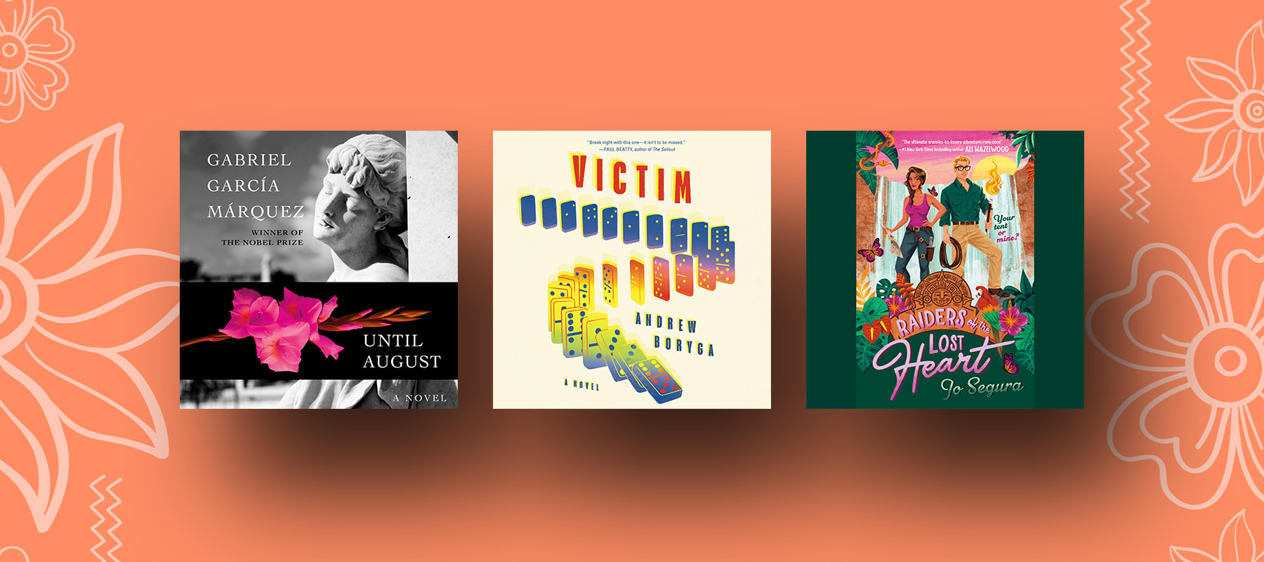 Three audiobook covers on a an abstract background