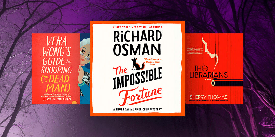 Covers for cozy mystery audiobooks including The Impossible Fortune by Richard Osman, Vera Wong's Guide to Snooping (on a Dead Man) by Jesse Q. Suntano, and The Librarian by Sherry Thomas