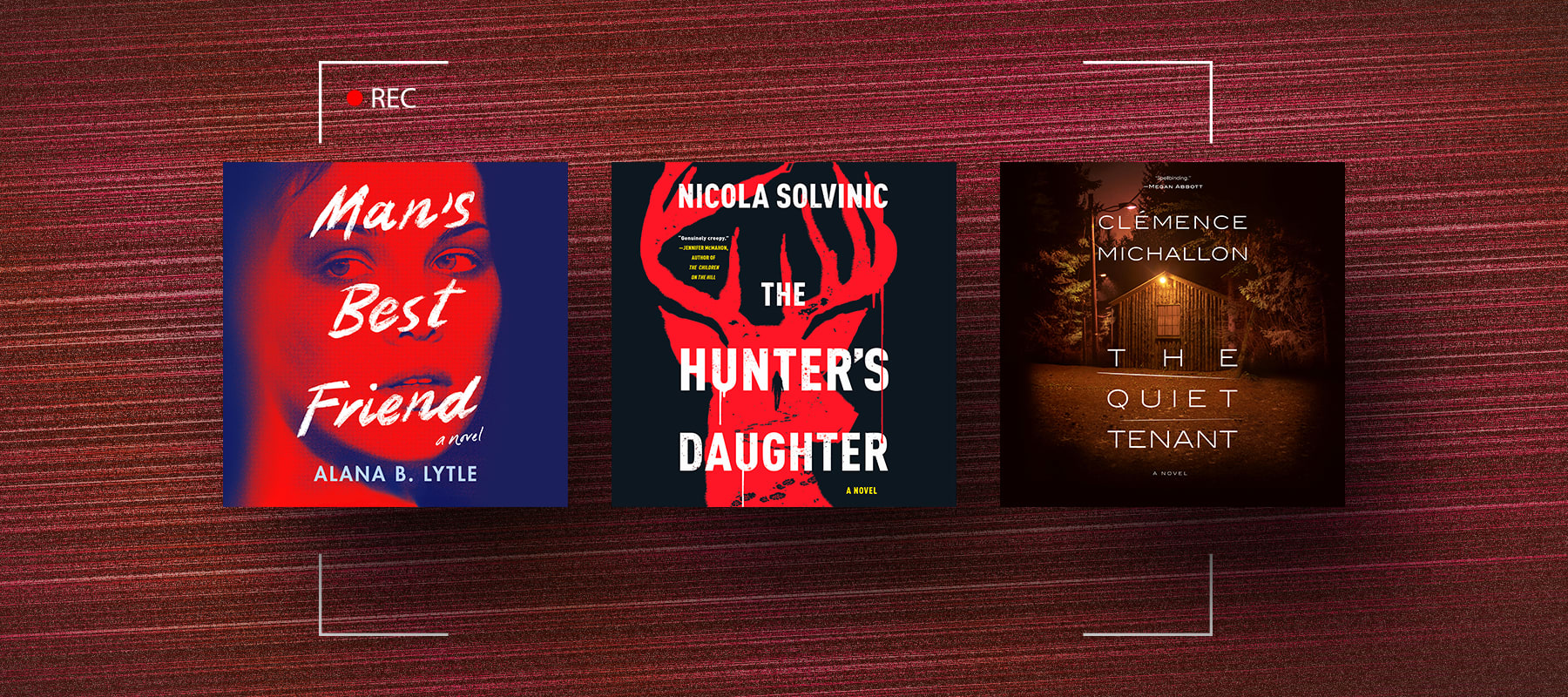 Three audiobook covers on a an abstract background