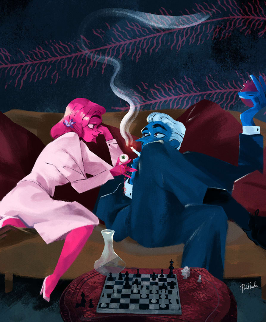 a blue man and pink woman recline on a couch