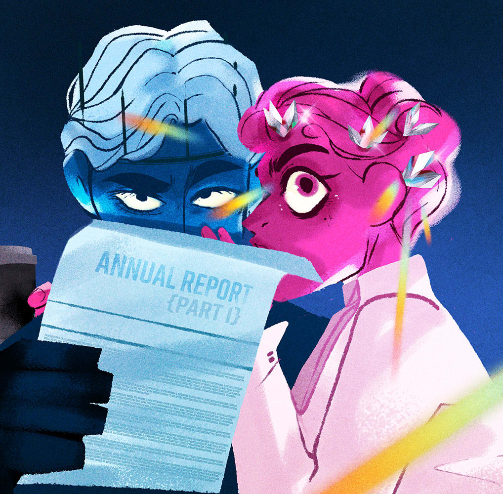 A man and a woman reading a paper that says annual report