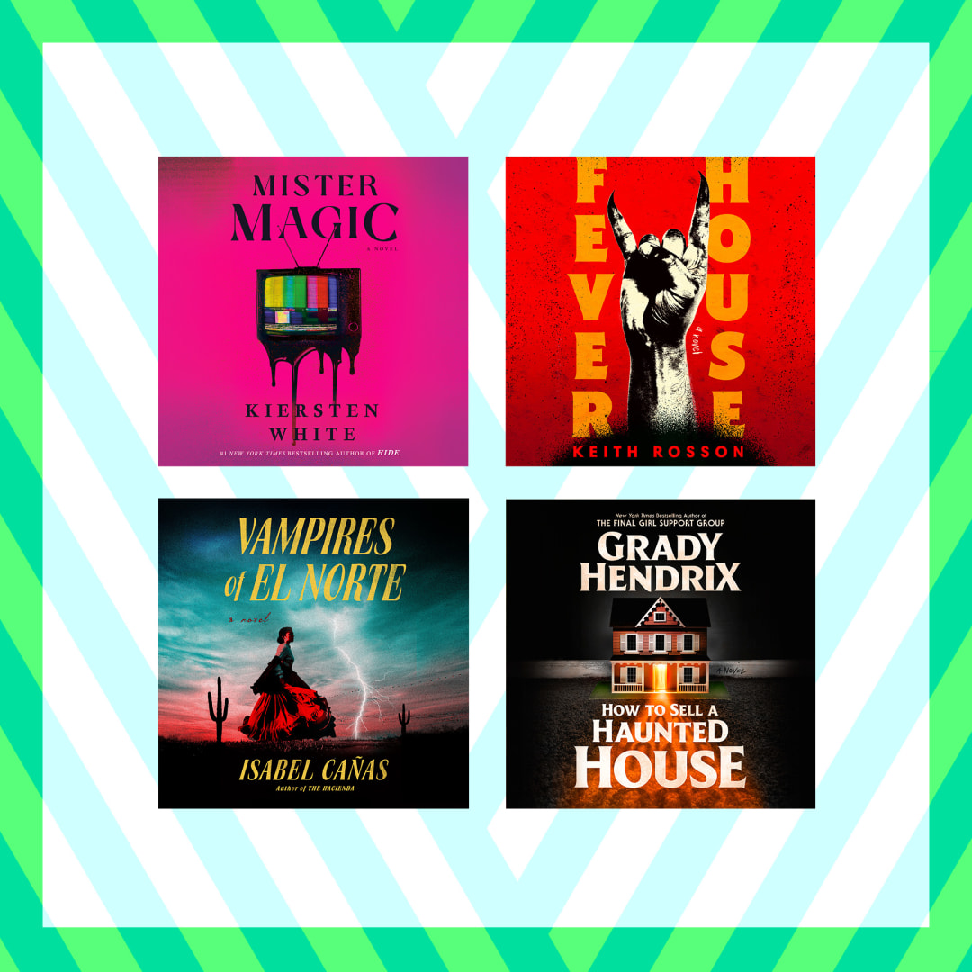 Gradient stripped background with four audiobook covers