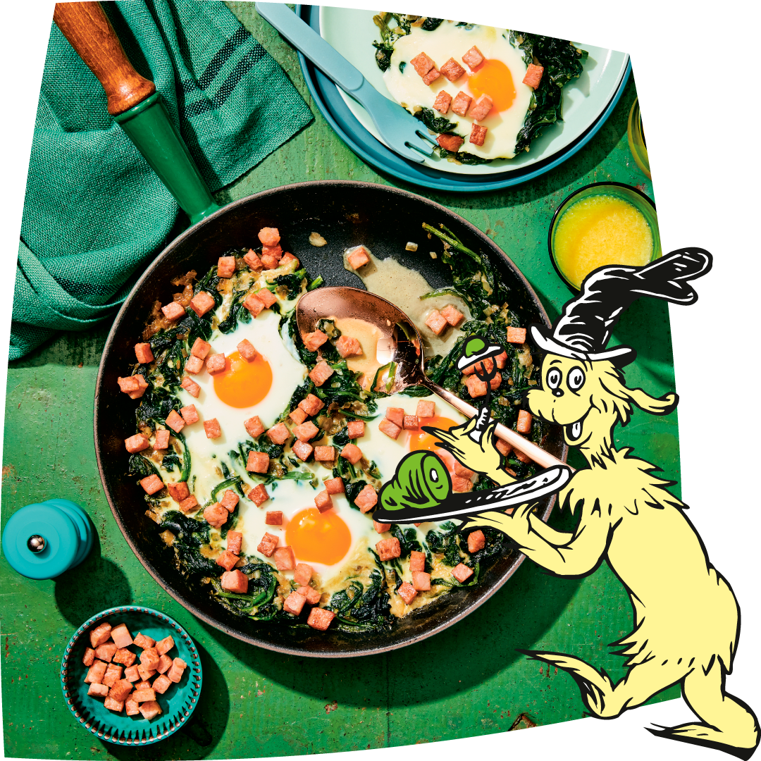 Green eggs and ham in a skillet