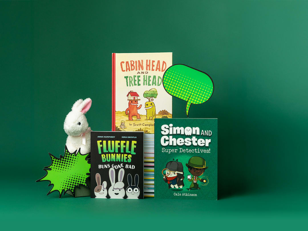 The books from the listicle with a toy bunny and comic bubbles on a green background.