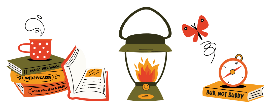 Camp illustrations of books, stars, a butterfly and a compass