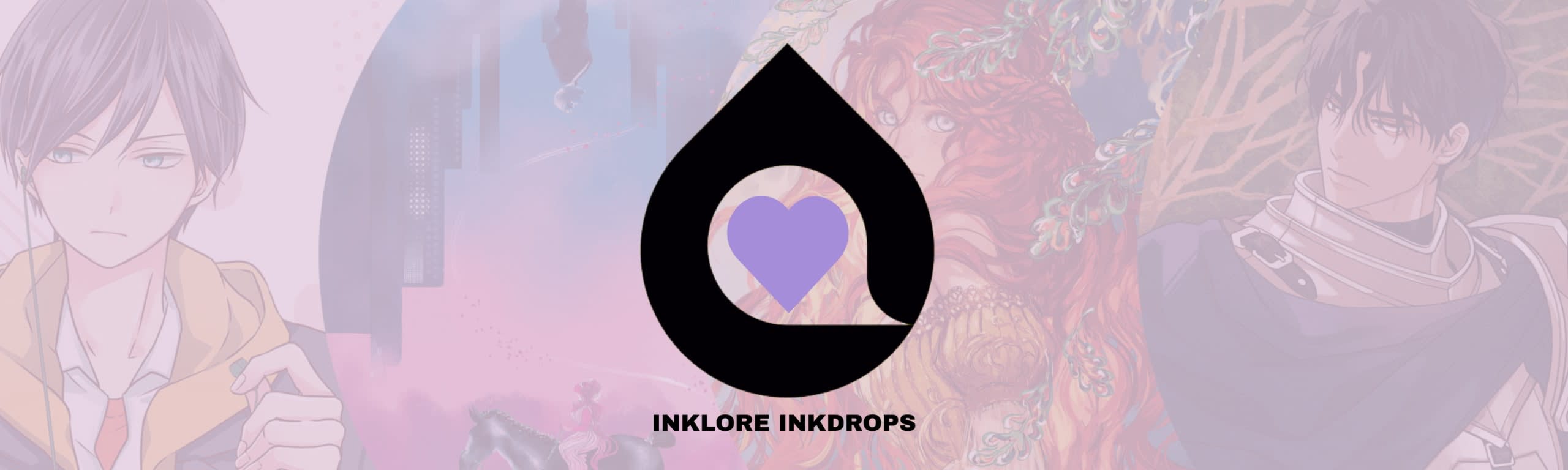 A black inkdrop logo with a heart on a pink background of comic characters