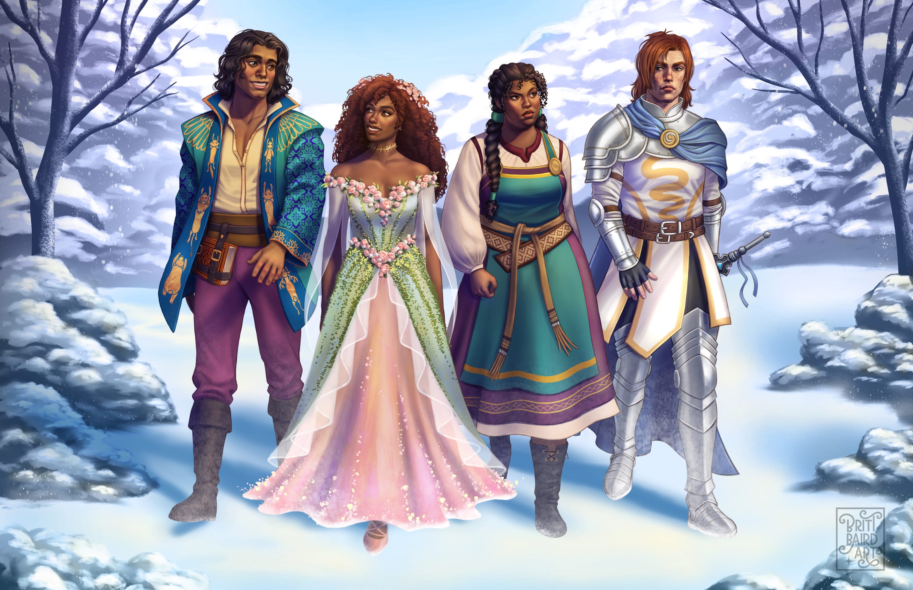 Characters from BY DIVINE RAGE walking in snow, left to right: Jehan, Eulia, Cleio, Tristaine. Art by Britt Baird