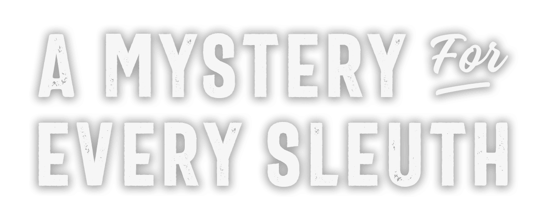 Image of a figure with a flashlight in the woods highlighting the words A mystery for every sleuth