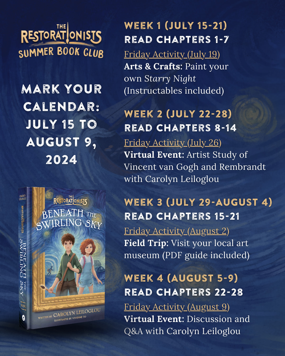 The Restorationists Summer Book Club Schedule. Mark your calendar: July 15 to August 9, 2024.