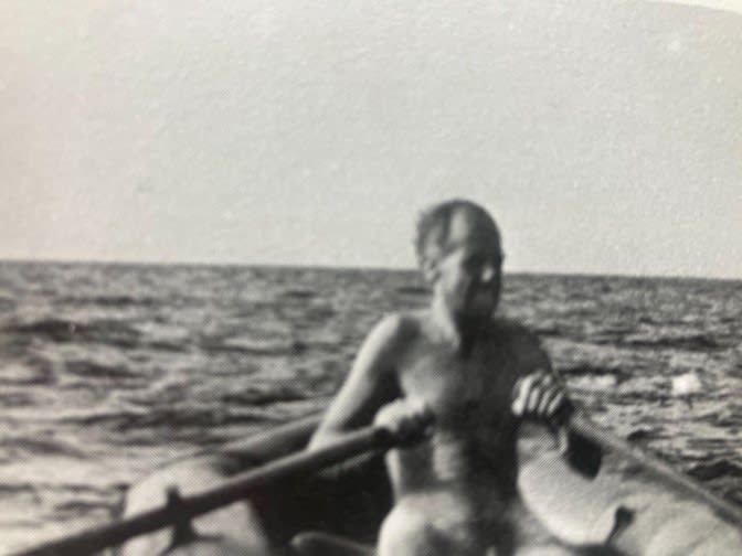 Maralyn's photo of Maurice rowing after shipwreck