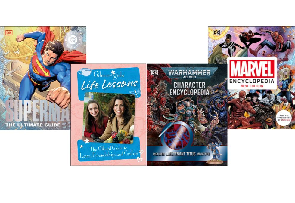A row of books that includes Marvel Encyclopedia, Warhammer Character Encyclopedia, Life Lessons from Gilmore Girls and Superman Ultimate Guide