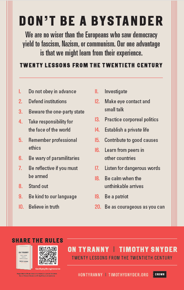 A poster of On Tyranny's 20 lessons from the 20th century.