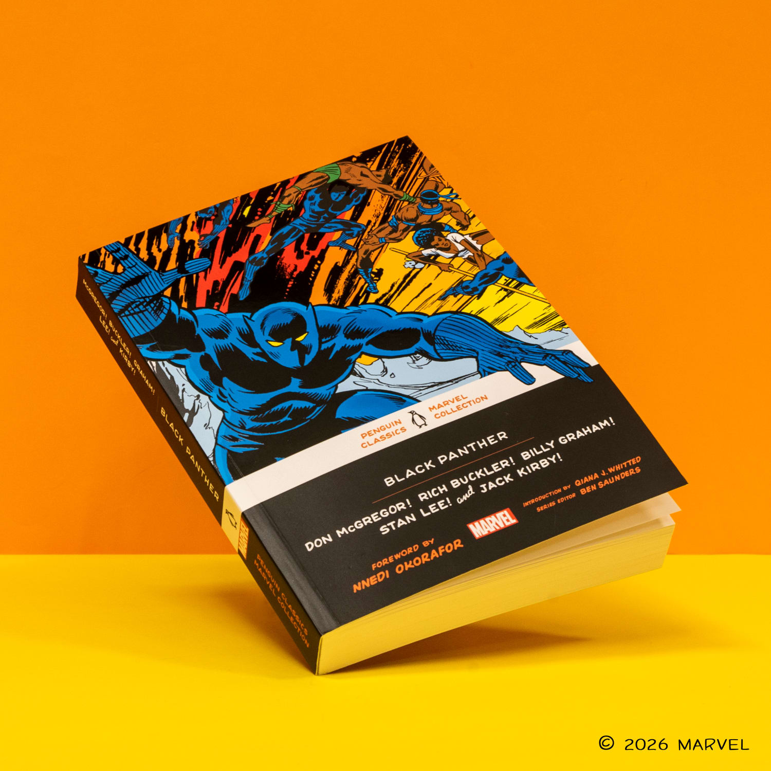 The Black Panther paperback floating at an angle against and orange background