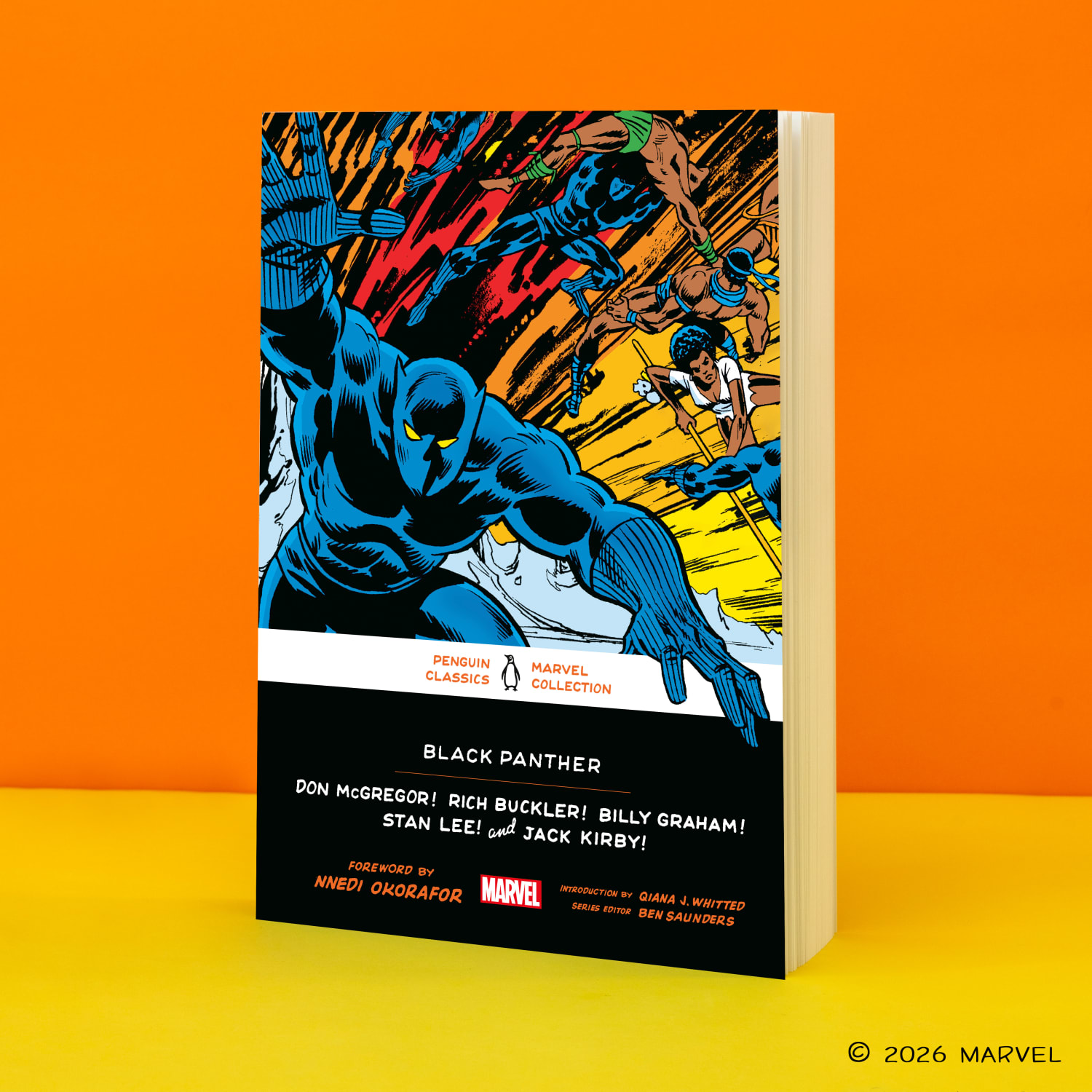 The Black Panther paperback standing at an angle against and orange background
