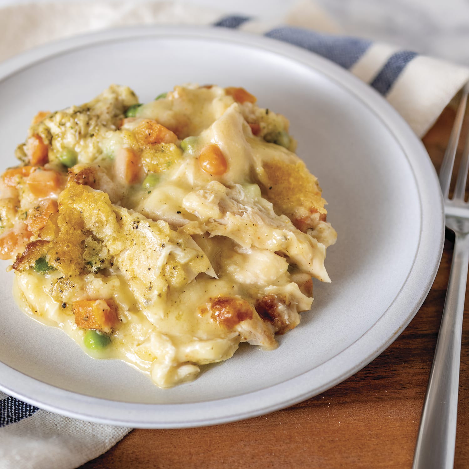 A photograph of chicken pot pie on a plate