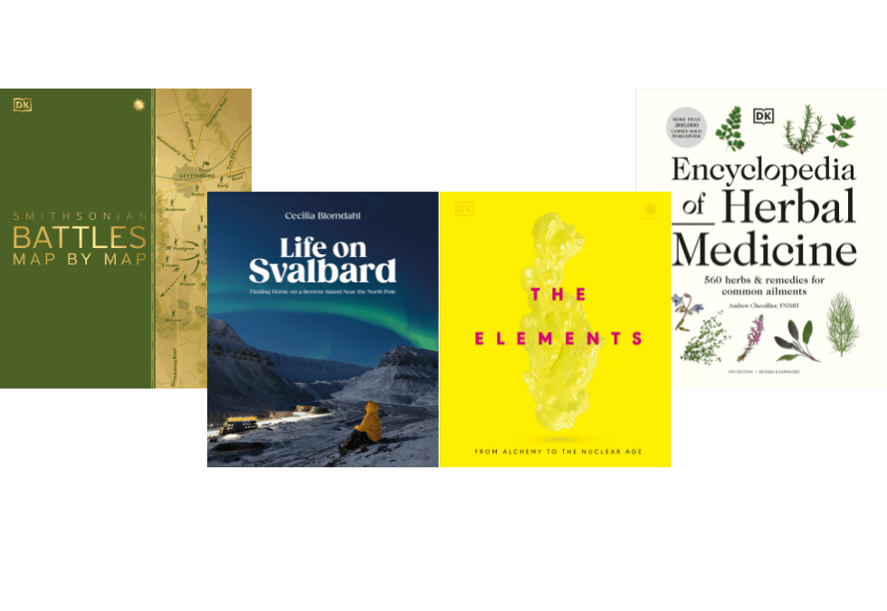 A row of book covers including Battles Map by Map, Life on Svalbard, The Elements, and Encyclopedia of Herbal Medicine