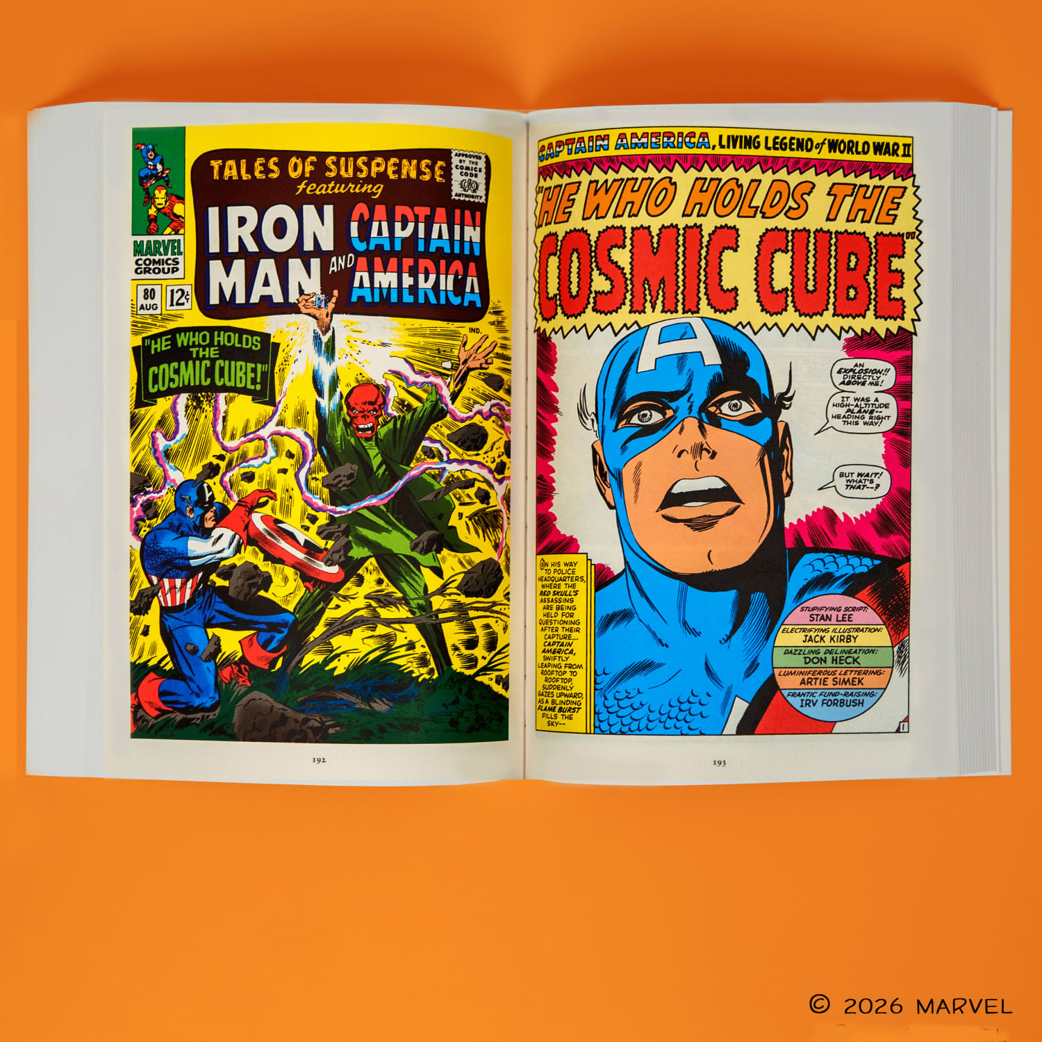 Captain America paperback laying open against an orange background