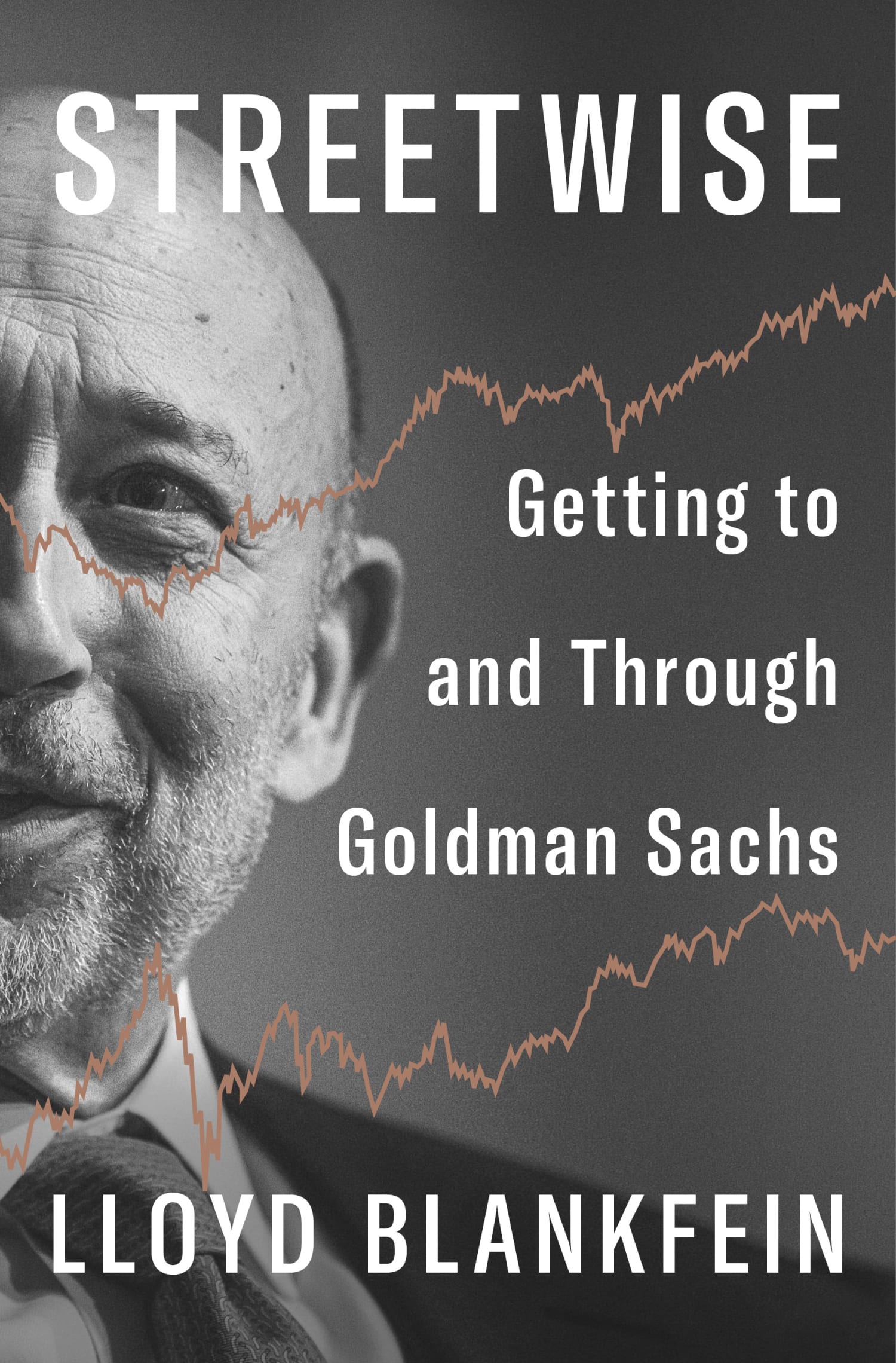 The cover features a black and white image of the author under white text and gold lines representing growth