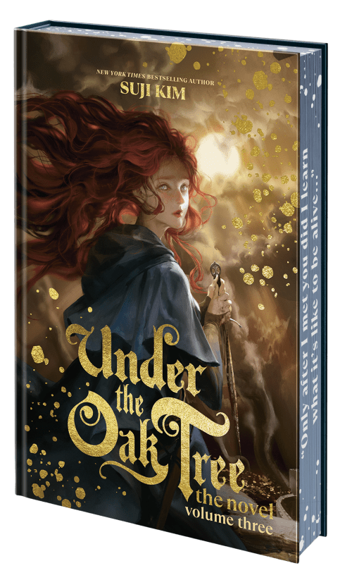 A black and gold book cover featuring a girl with red hair and a sword