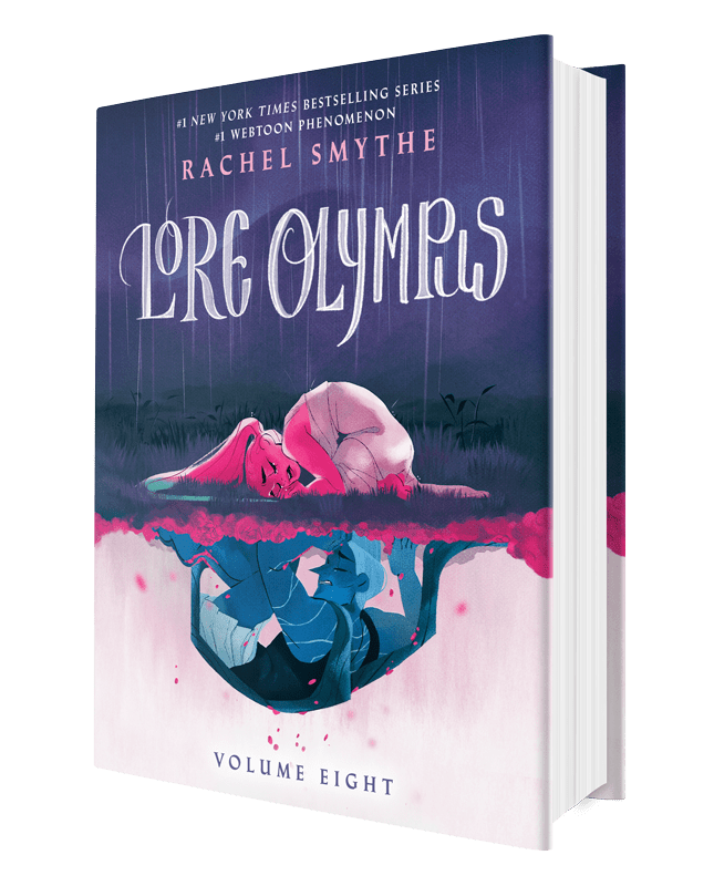 Cover for Lore Olympus Volume 8 featuring Persephone and Hades trying to reach each other