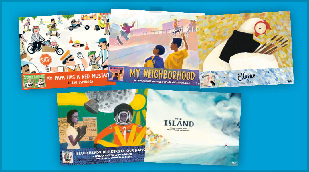image showing posters featuring art from five picture books: My Papa Has a Red Mustache, My Neighborhood, Elaine, Black Hands, and The Island