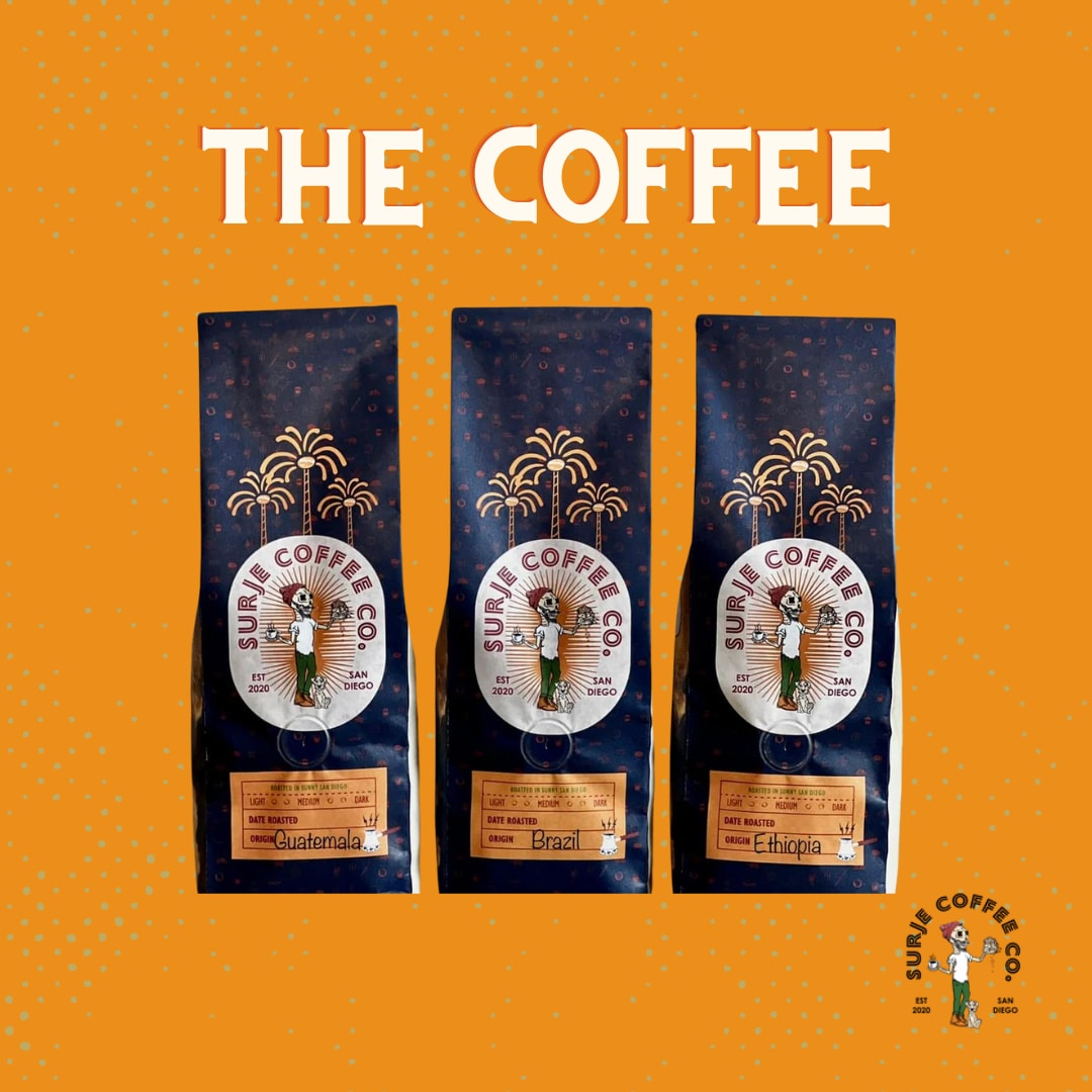 Suje Coffee variety pack of three coffee bags and brand logo over orange background