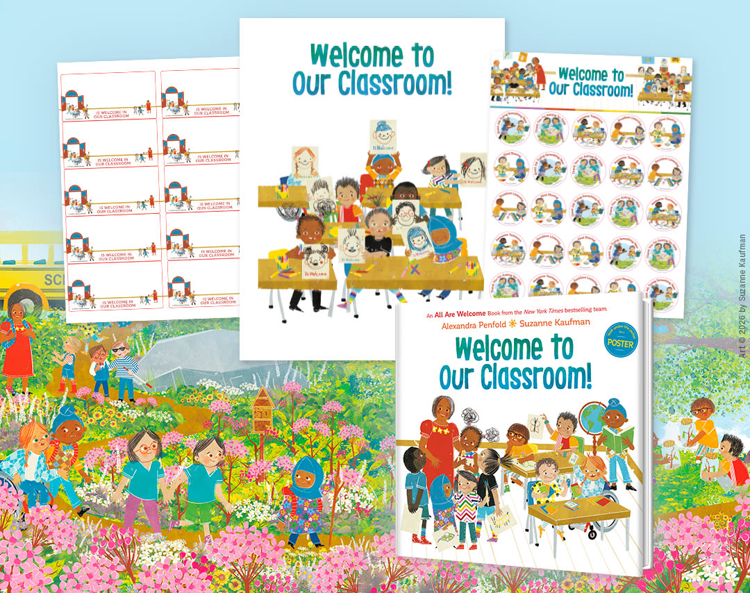 image showing the picture book Welcome to Our Classroom along withe the components of this kit: poster, name tags, and stickers