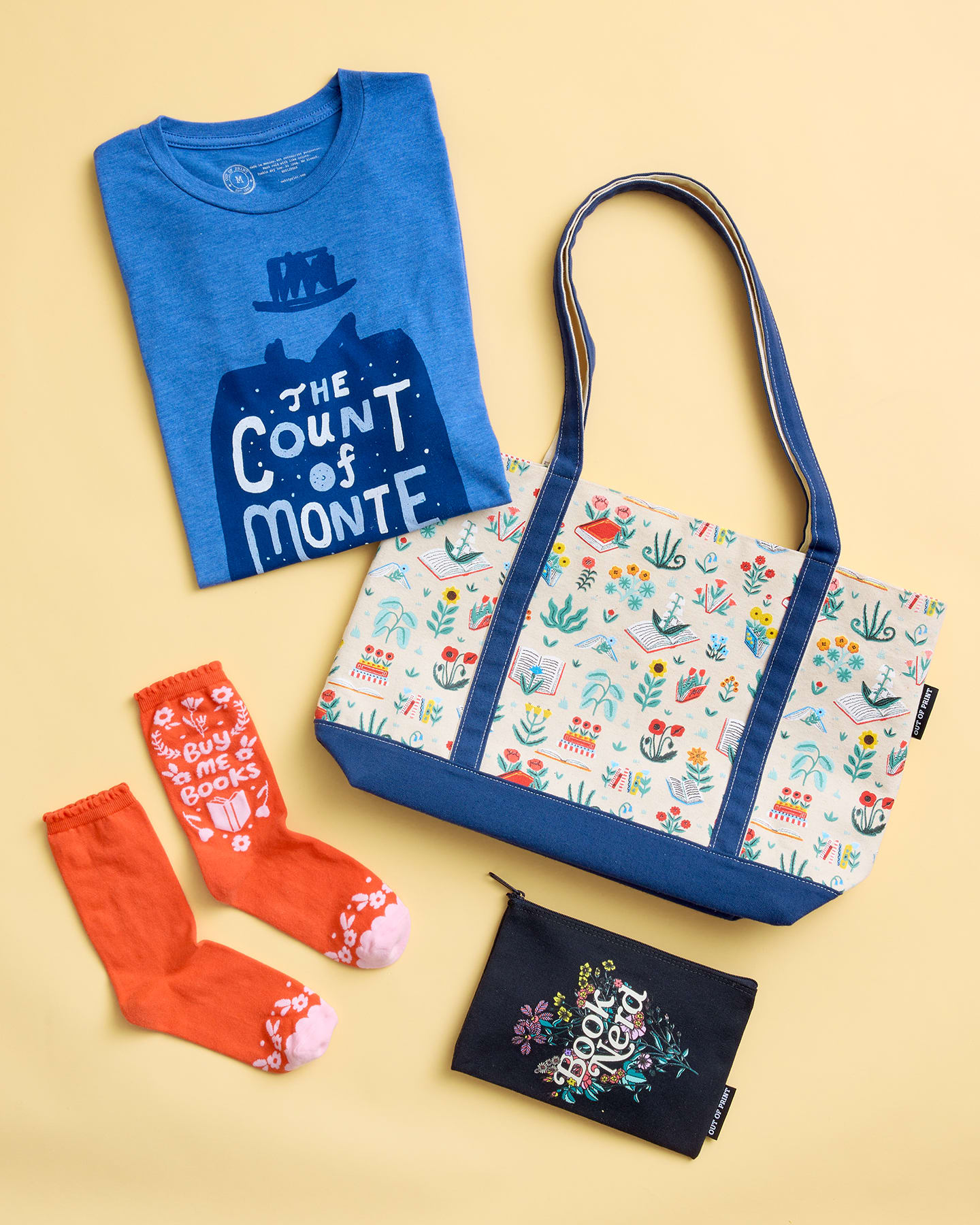 The Count of Monte Cristo Unisex T-Shirt, Books& Blooms large zippered tote, Buy Me Books socks, Book Nerd floral pouch