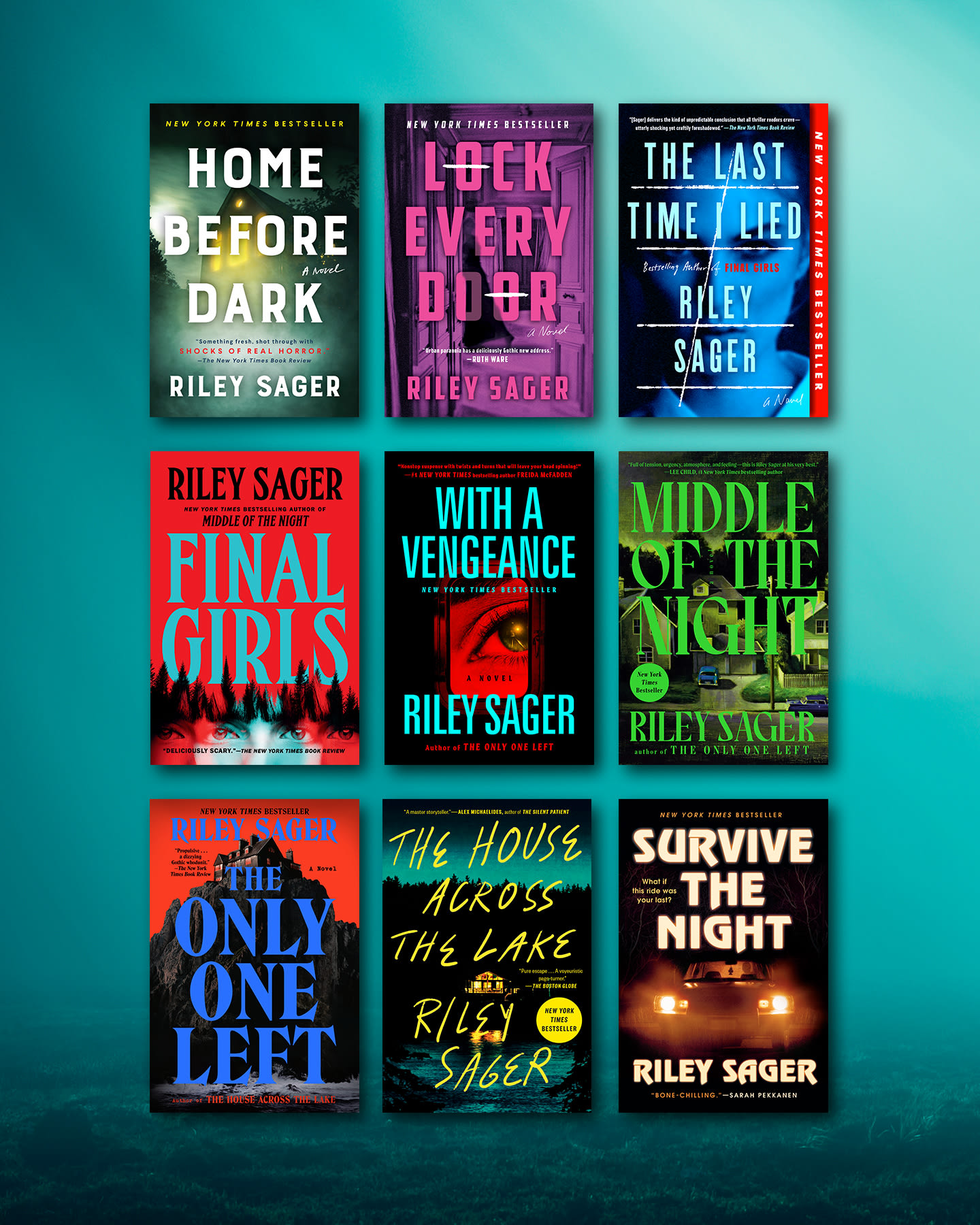 Covers for nine Riley Sager books