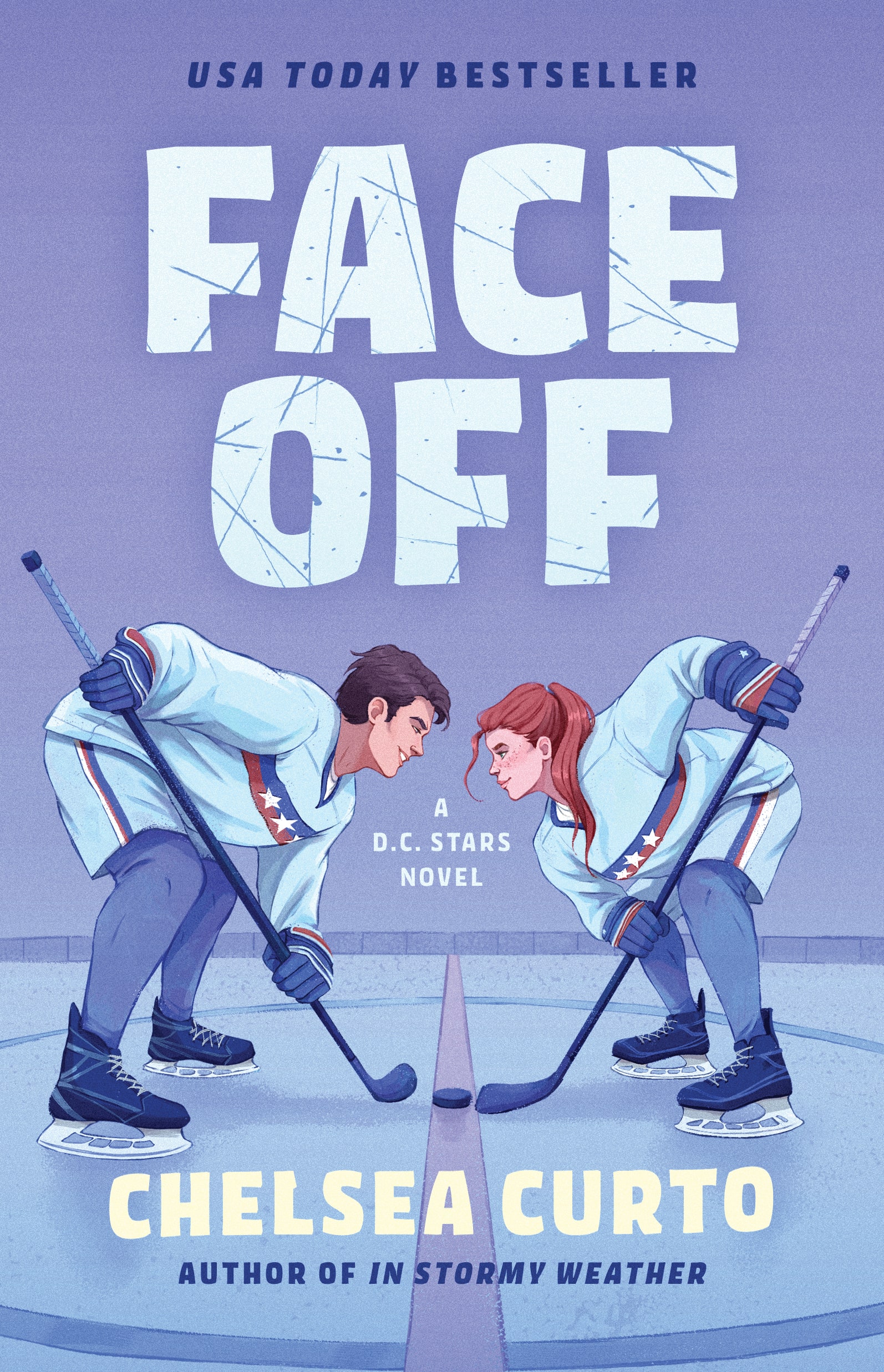 Face Off book cover by Chelsea Curto featuring two hockey players, one male and one female facing off on the ice